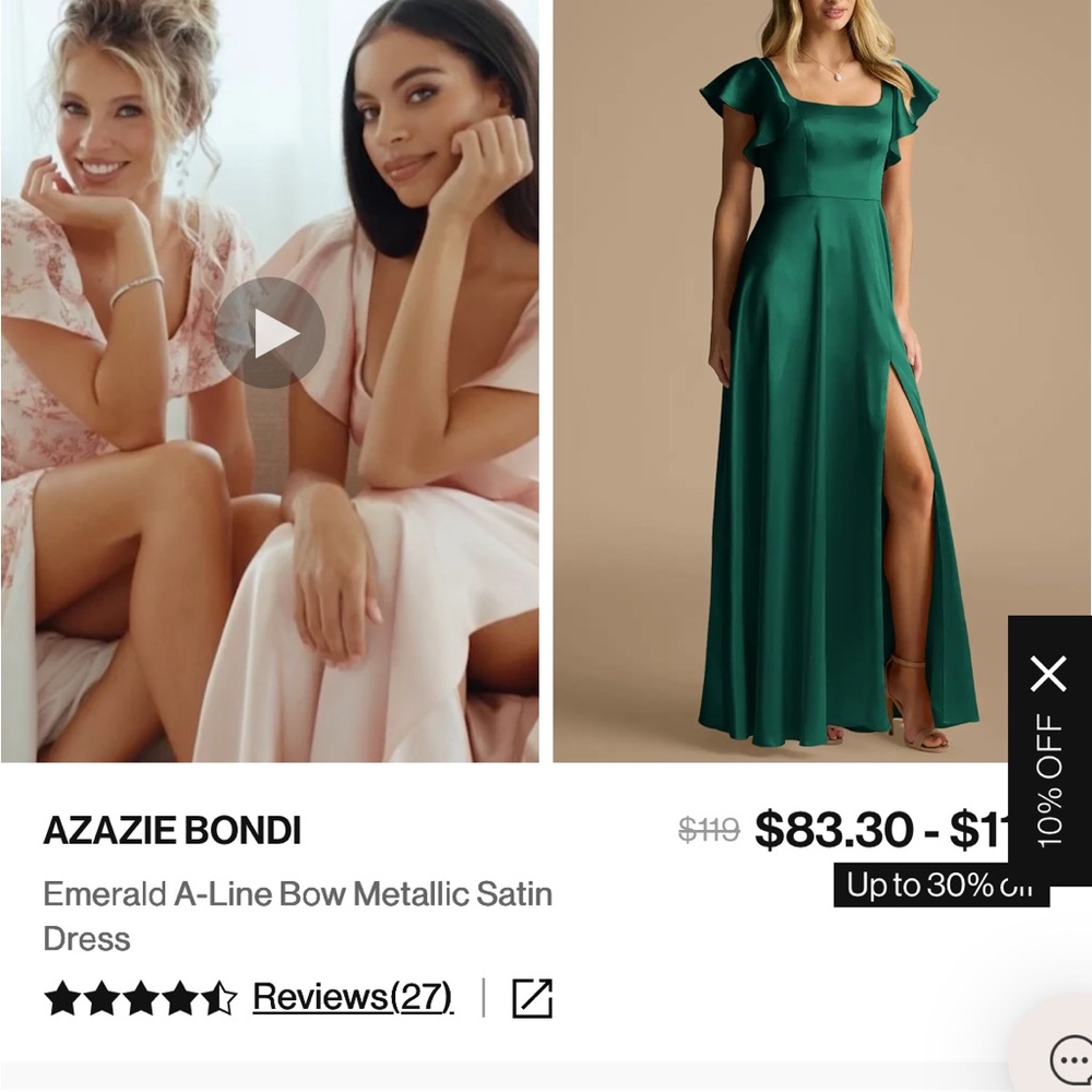 Azazie Bondi Emerald Metallic Satin Dress with Slit Size 6 - Picture 3 of 7